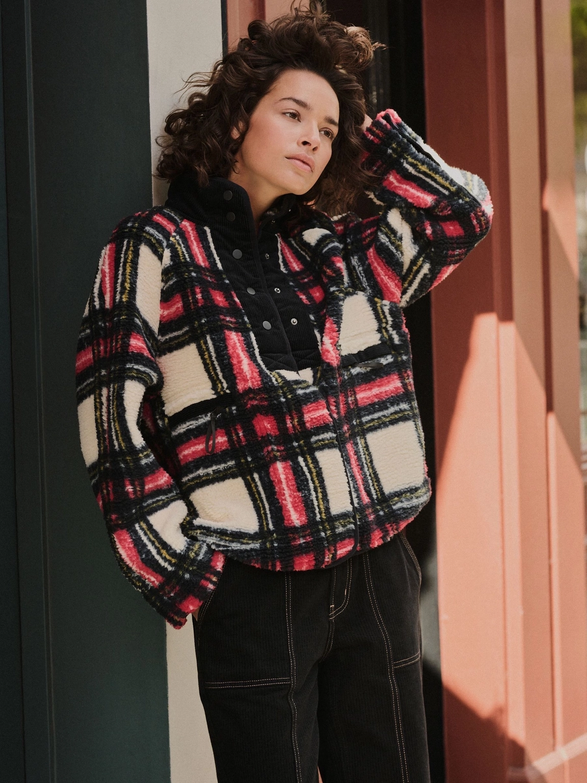 Check Cosy Teddy Borg Button Through Fleece Jacket